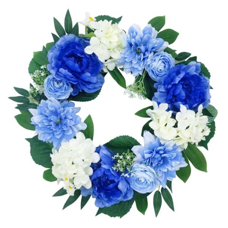 Blue & White Flower Wreath, 24″