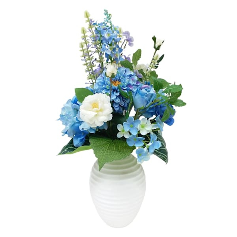 Blue & White Zinnia, Hydrangea & Rose Arrangement in Ceramic Pot, 21″