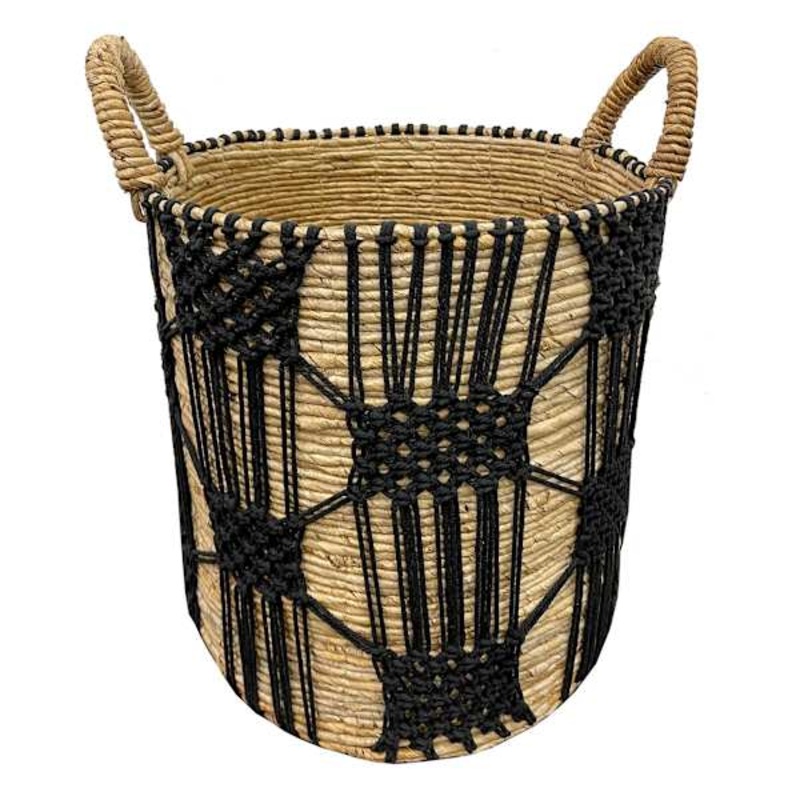 Found & Fable Round Abaca with Black Macrame Storage Basket Large | At Home
