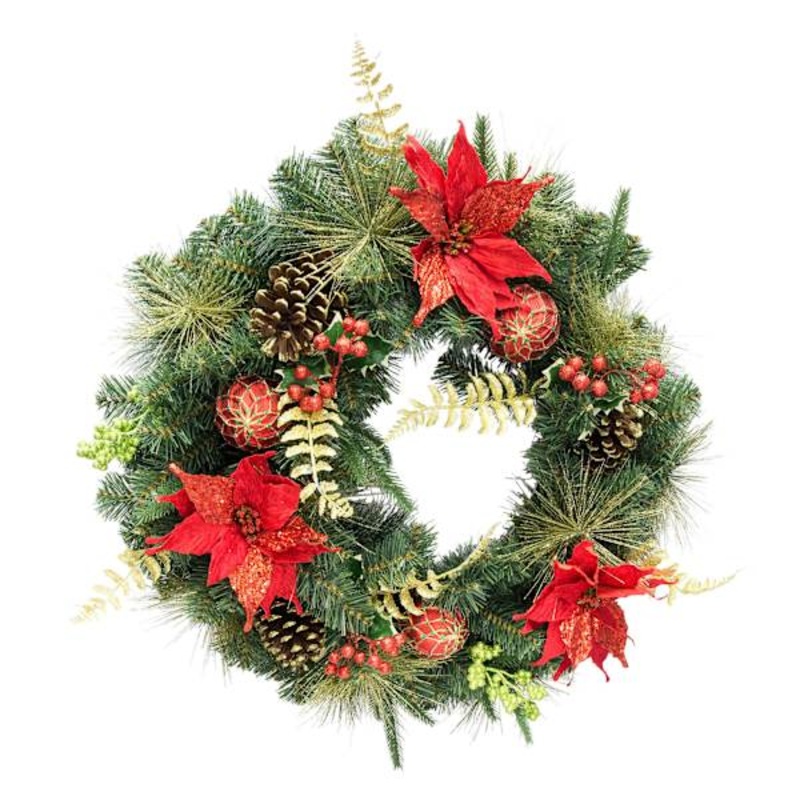 Glittered Poinsettia Ornament and Pine Wreath 24″ | Elegant Holiday Door Decor | At Home