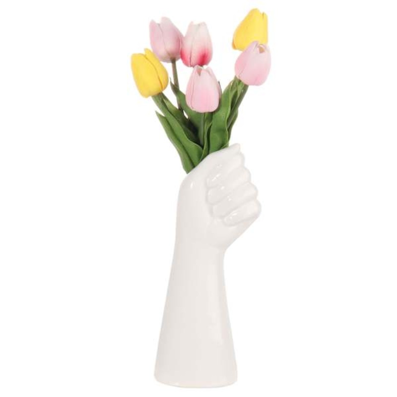 Pink & Yellow Tulips in Hand Shaped Ceramic Pot, 14″