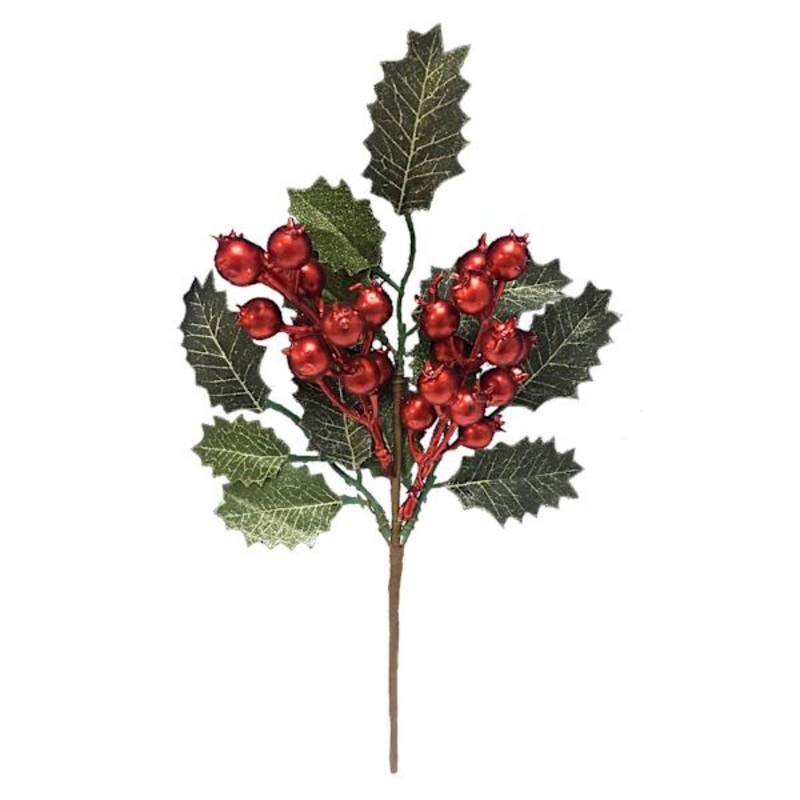 Red Berries and Holly Leaf Pick 12″ | Festive Holiday Greenery | At Home