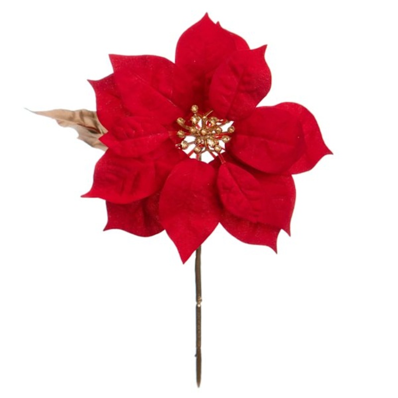 Red Glittered Poinsettia Floral Pick 10″ | Festive Floral Accent | At Home