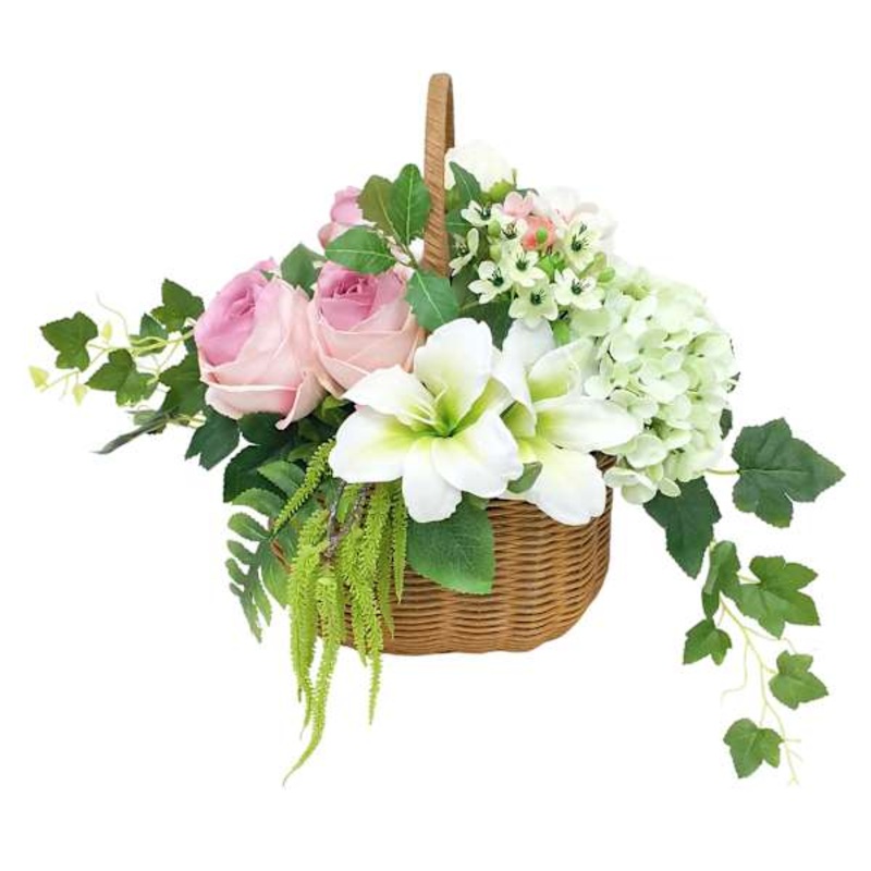 Rose, Hydrangea & Peony Arrangement in Basket, 15″