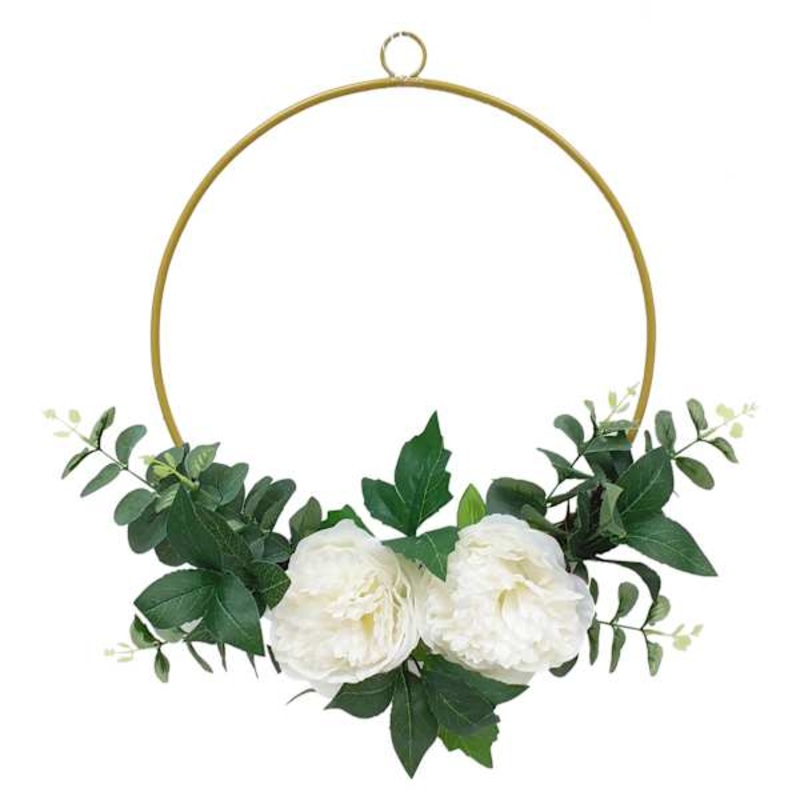 White Peony Gold Metal Half Wreath, 14″