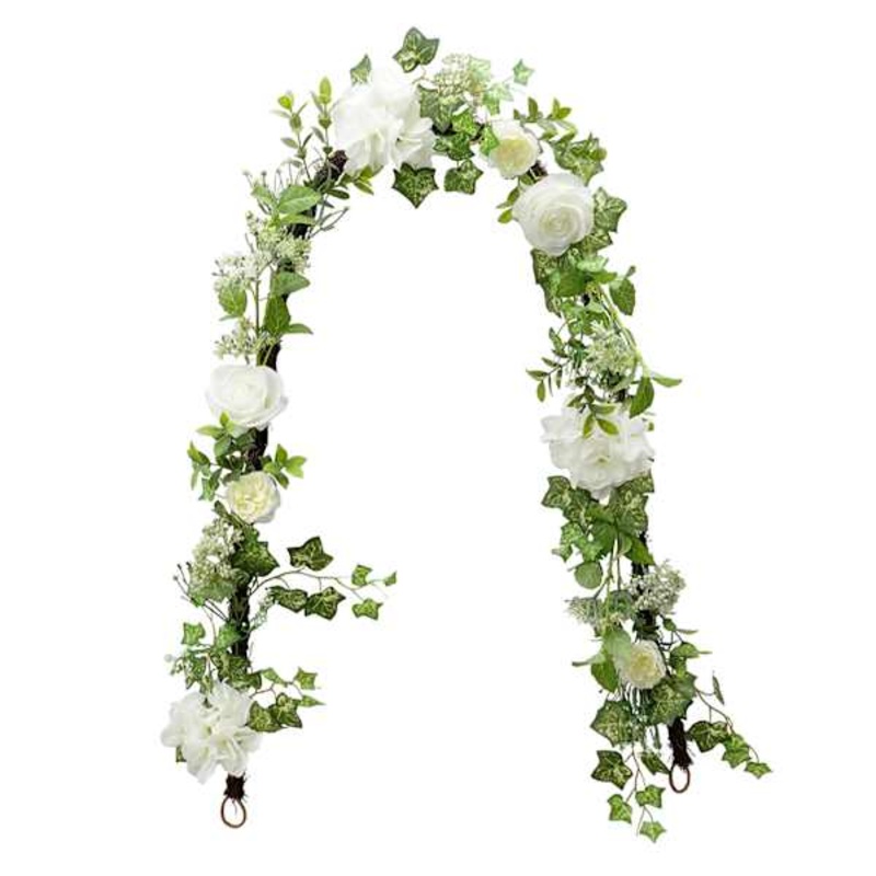 White Rose, Hyrdangea & Leaves Garland, 72″