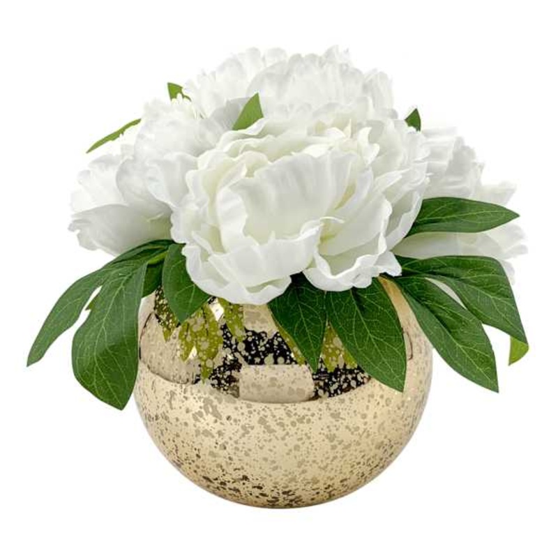 Providence White Peony in Gold Glass Planter, 8″
