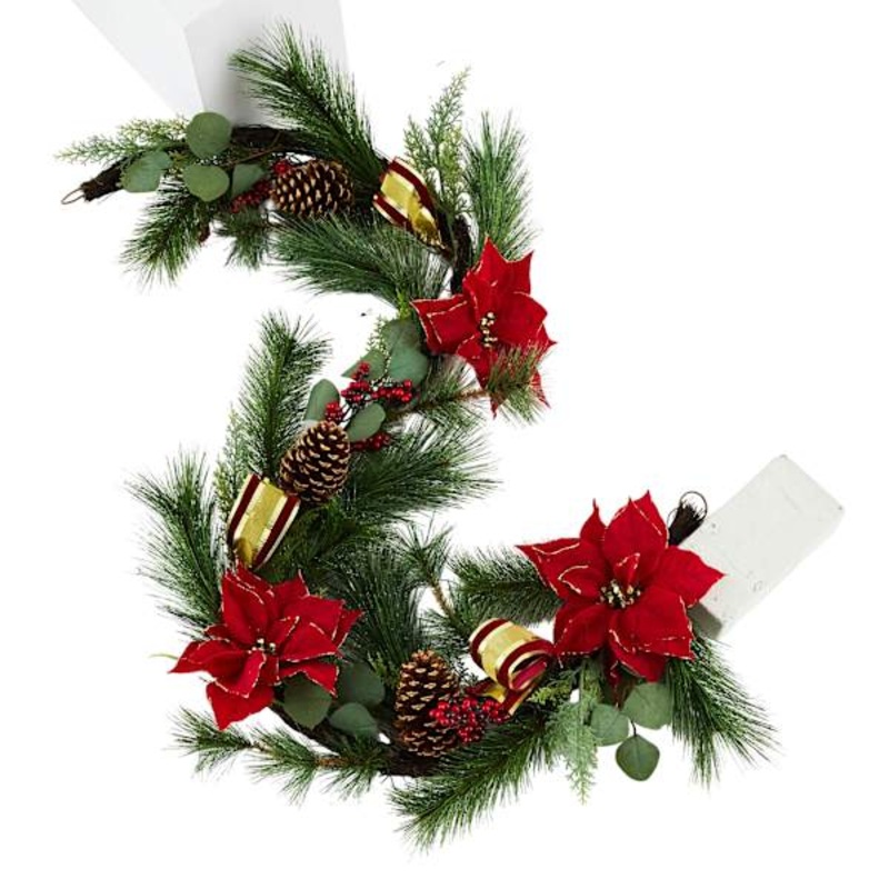 Red Glitter Poinsettia, Berry & Pine Garland, 72″