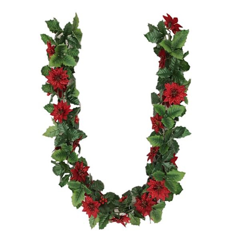 Red Poinsettia Chain Garland 6′ | Holiday Greenery | At Home