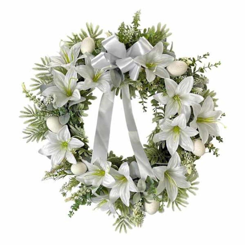 White Lily Wreath with Bow, 21″