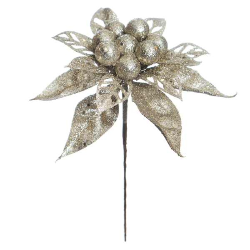 Champagne Glitter Poinsettia Pick 9″ | Holiday Florals | At Home