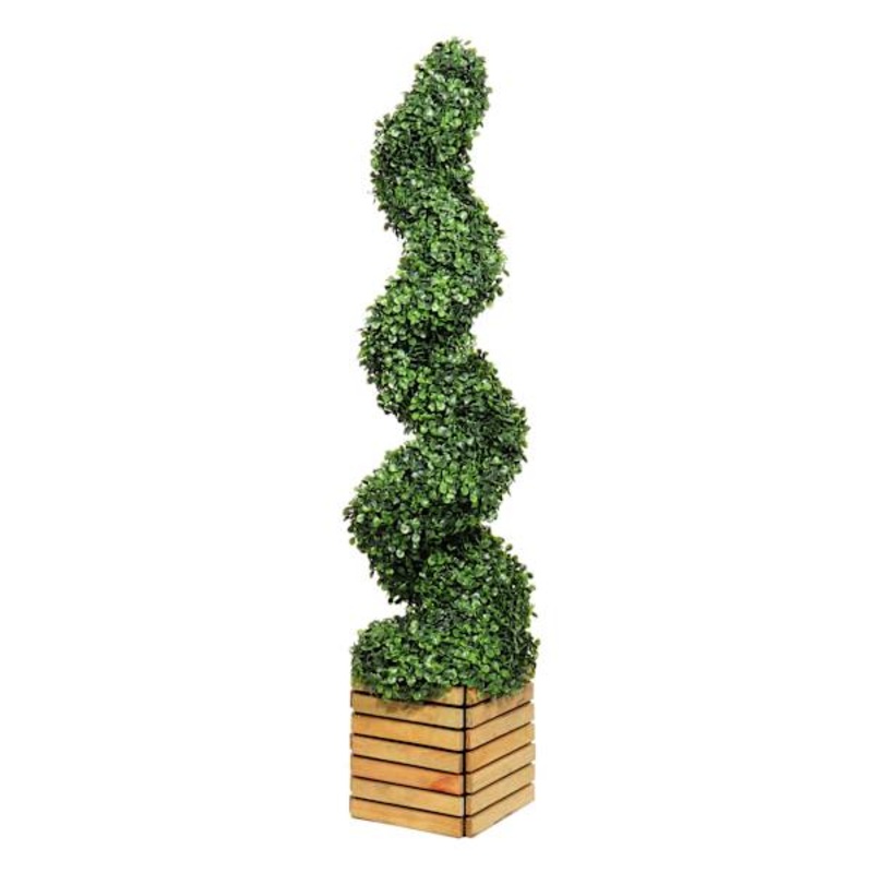 Spiral Topiary in Wooden Vessel, 42″