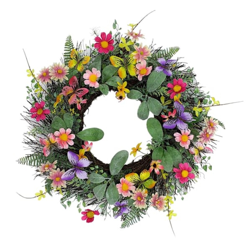 Yellow & Purple Daisy with Butterflies Floral Wreath, 24″