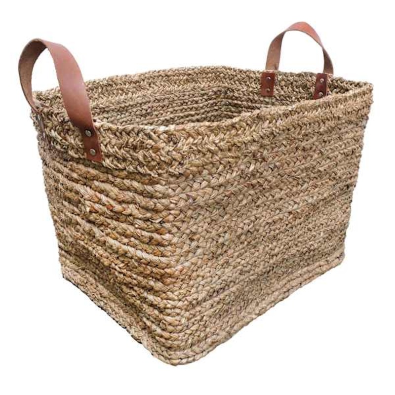 Honeybloom Austin Seagrass Storage Basket with Leather Handles, Large