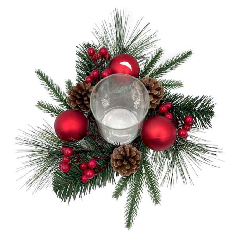 Red Berry Pinecone and Pine Glass Candle Holder Centerpiece 8″ | Centerpieces | At Home