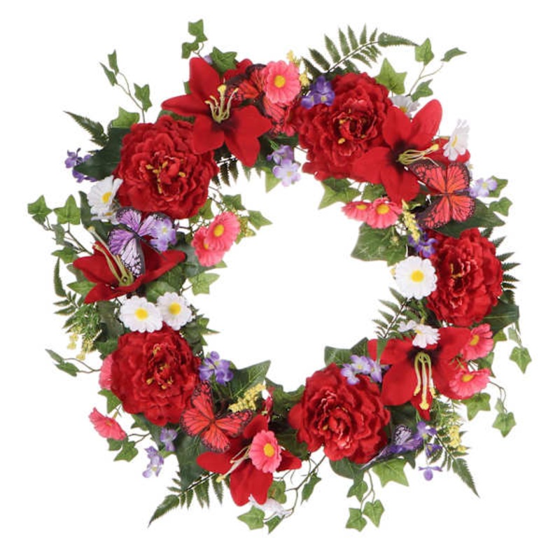 Red Butterfly & Blooming Flowers Wreath, 22″