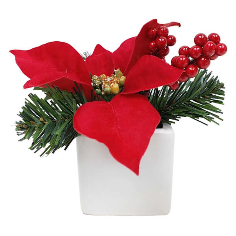 Red Poinsettia and Berry Greenery Arrangement in Ceramic Pot 6″ | Floral Dcor | At Home
