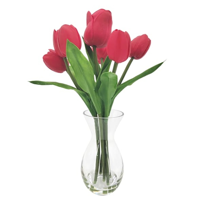 Red Real Feel Tulip Arrangement in Glass Pot, 16″