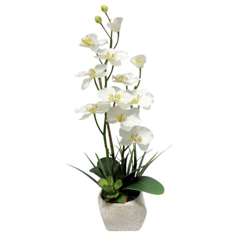 White Orchid Flower with Stone Planter, 23″