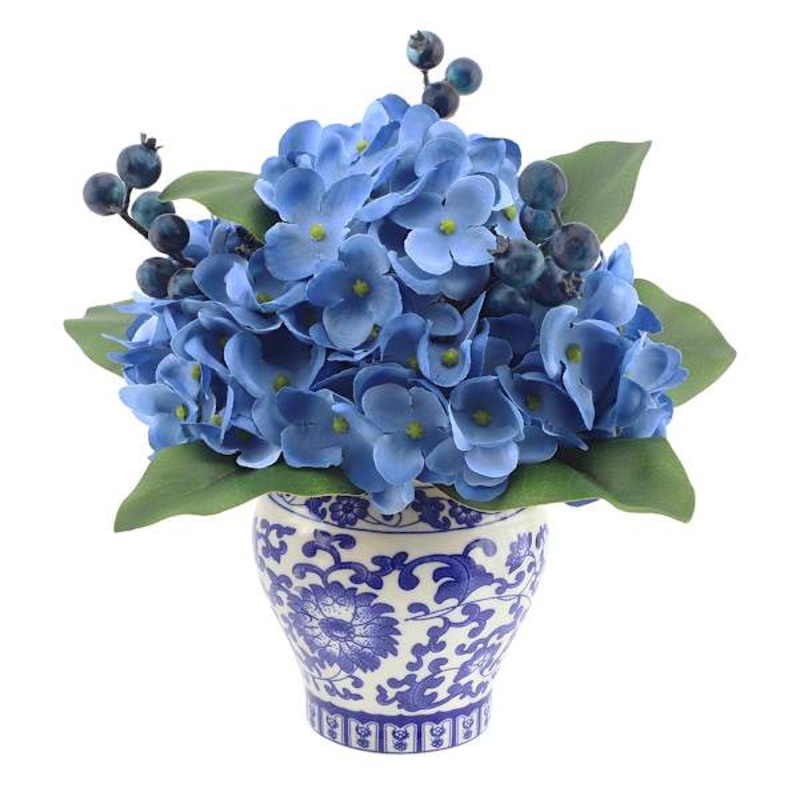 Blue Hydrangea & Berry in Blue & White Vase, 8″