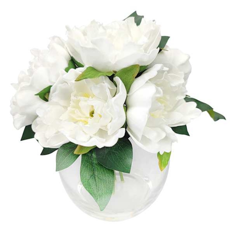 Providence White Real Feel Peony Arrangement in Glass Pot, 10″