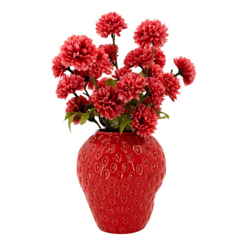 Red Zinna in Strawberry Pot, 12″