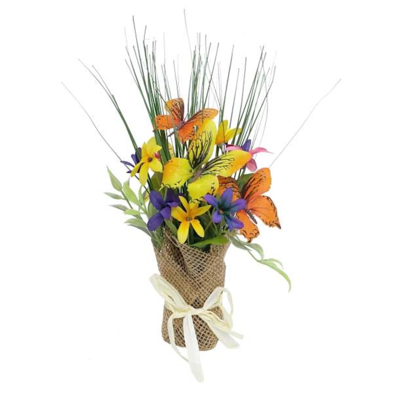 Assorted Yellow Flowers & Butterflies Burlap Bouquet, 12″