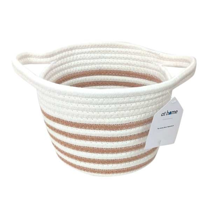 Small Tan Striped Round Storage Bin | Glam | Home Organization | At Home