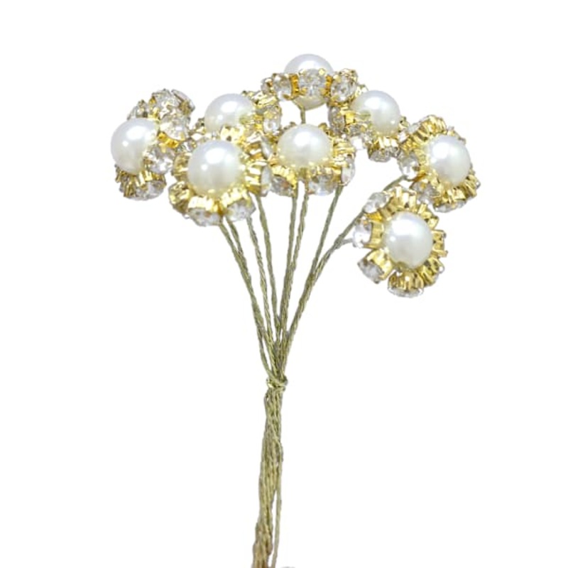Pearl & Gold Rhinestone Floral Pick, 6″