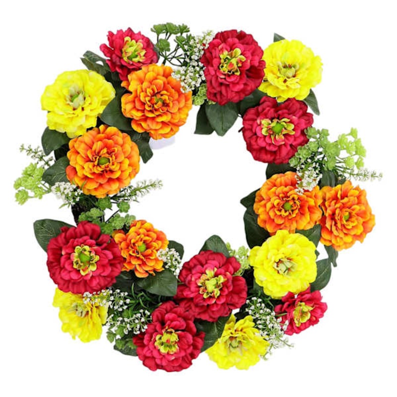 Red, Yellow, & Orange Zinnia Wreath, 22″