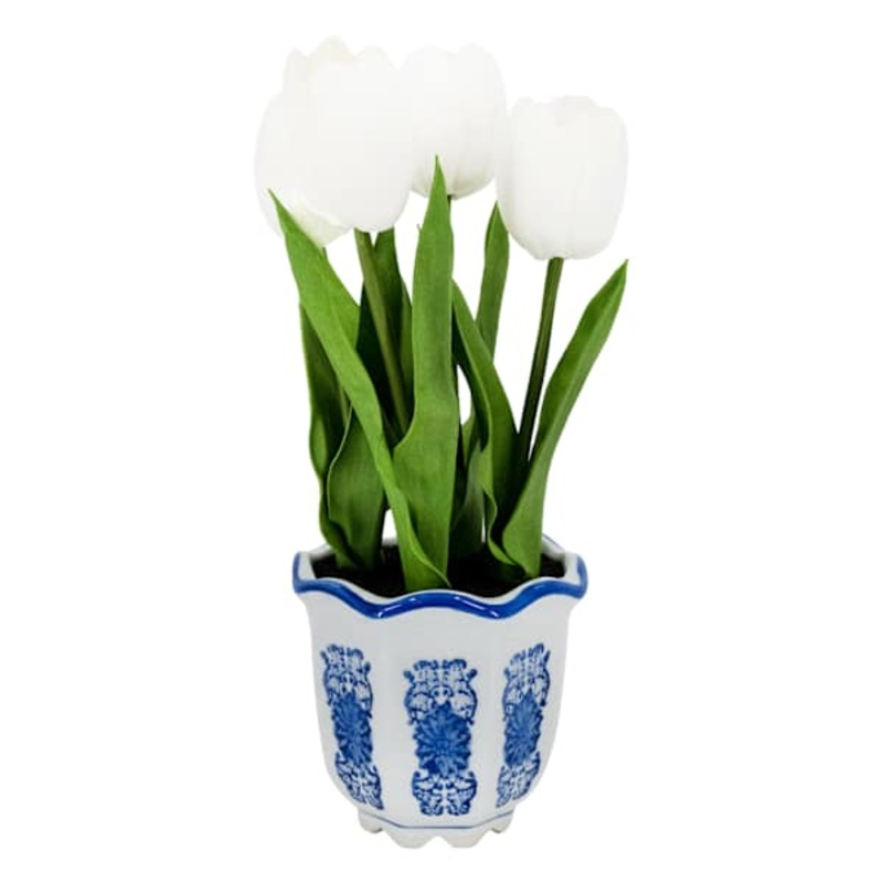 White Tulips in Blue & White Ceramic Pot, 11″