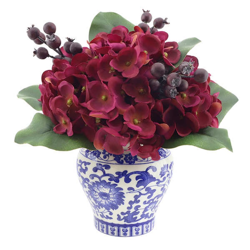 Red Hydrangea & Berry in Blue & White Vase, 8″
