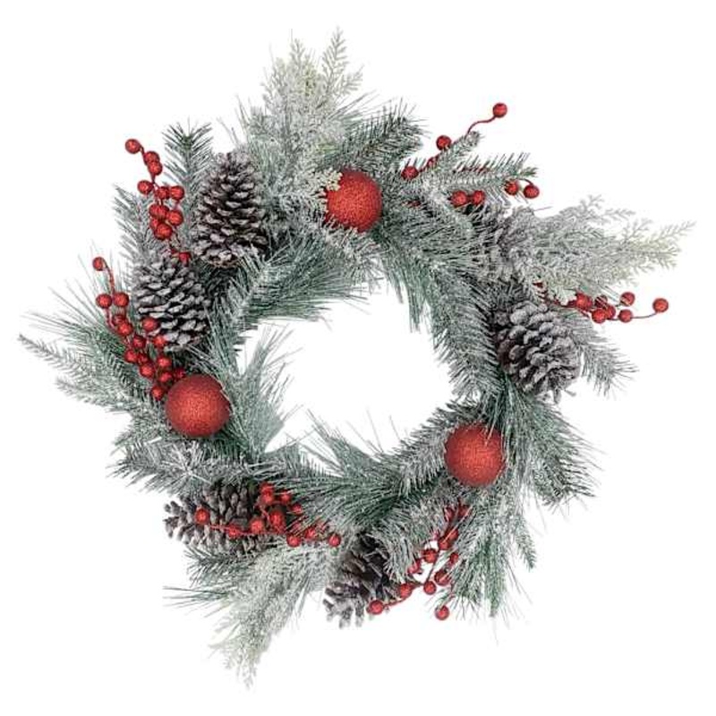 Red Ornament and Bell Flocked Pine Wreath 24″ | Wreaths | At Home