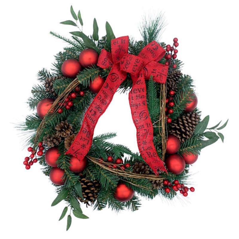 Red Ornaments Berry and Ribbon Wreath 22″ | Elegant Holiday Decor | At Home