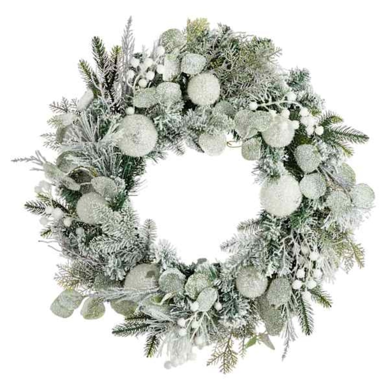 Tinsel Ball, Snow Berry, Eucalyptus & Pine Wreath, 24″