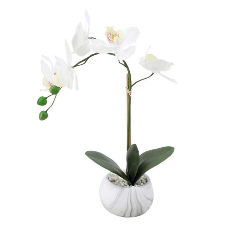 White Real Touch Orchid in Cement Pot, 13.5″