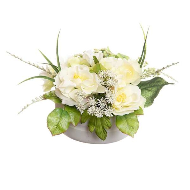White Rose & Hydrangea Floral Arrangement with Cement Planter, 12″