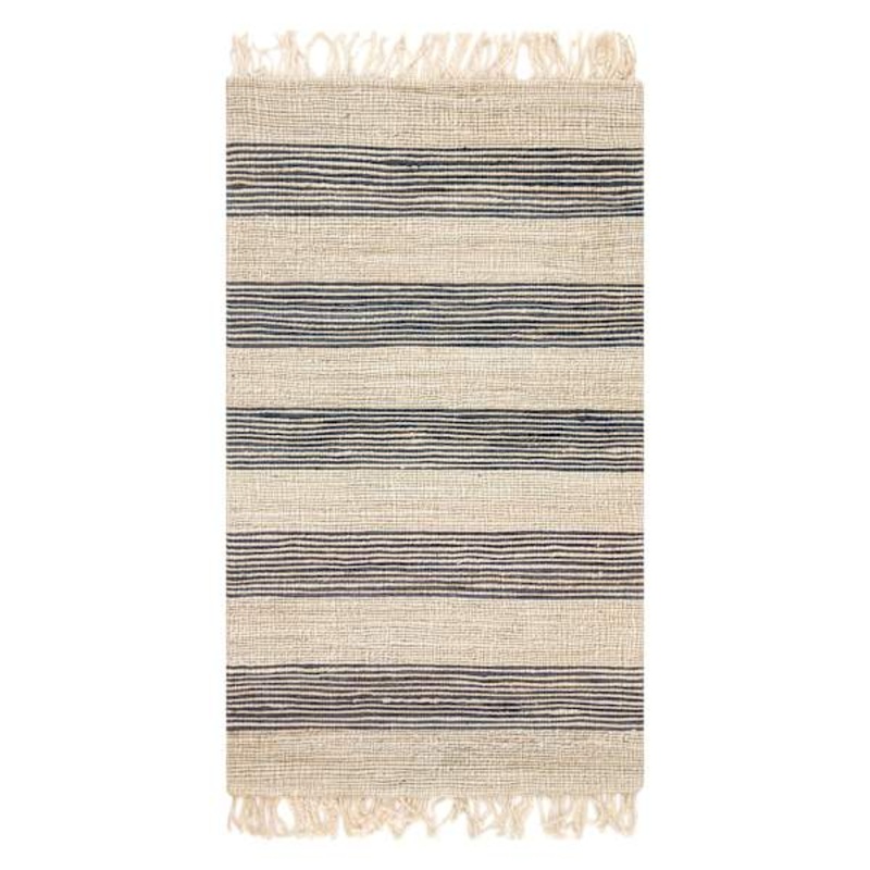 (B497) Honeybloom Hazel Natural & Navy Striped Hand Woven Jute Accent Rug, 3×5