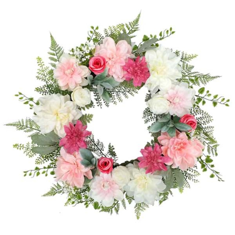 Dahlia, Mini Rose & Fern Grapevine Wreath, 24″