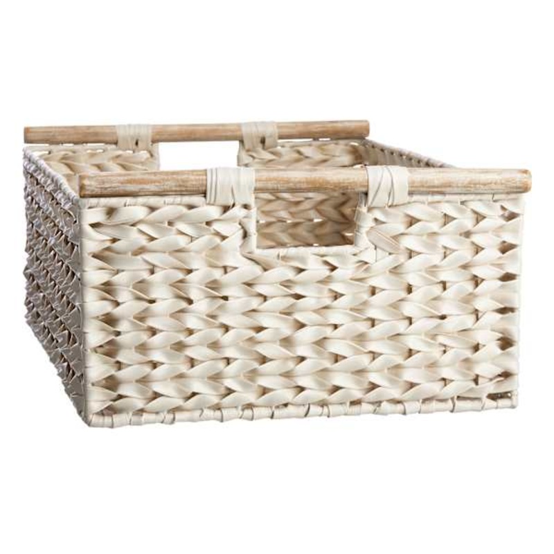 Found & Fable White Rattan Rectangle Basket with Wooden Handle, Large