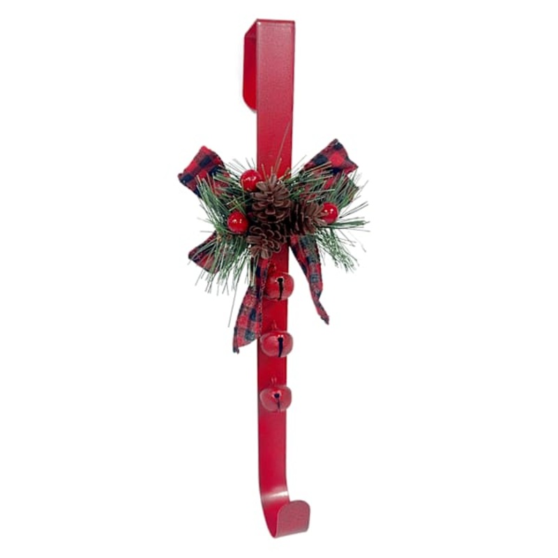 Red Plaid Bowknot Wreath Hanger with Bell, 14.5″