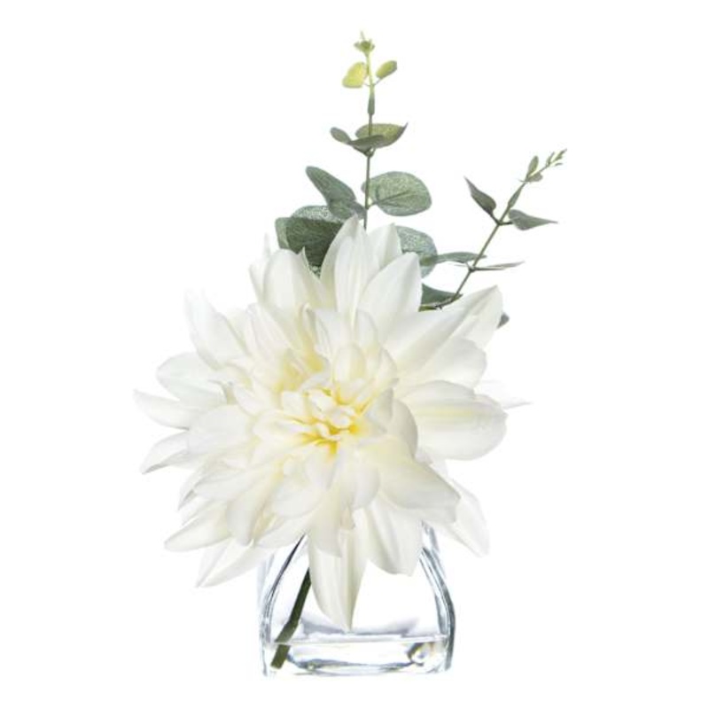White Dahlia & Eucalyptus Floral Arrangement in Glass Vase, 10″