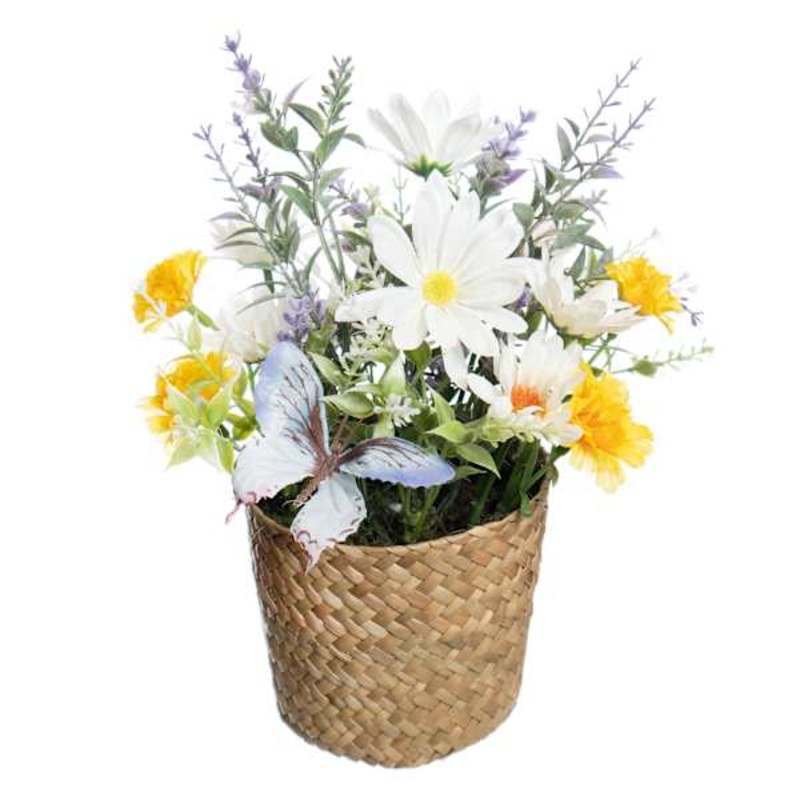 White Daisy, Lavender & Butterfly Arrangement in Basket, 10″