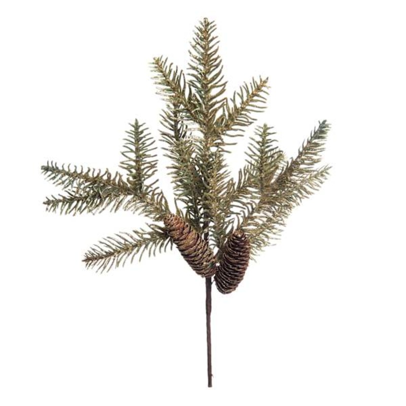Gold Glittered Pinecone and Pine Ornament Pick 16″ | Ornaments | At Home