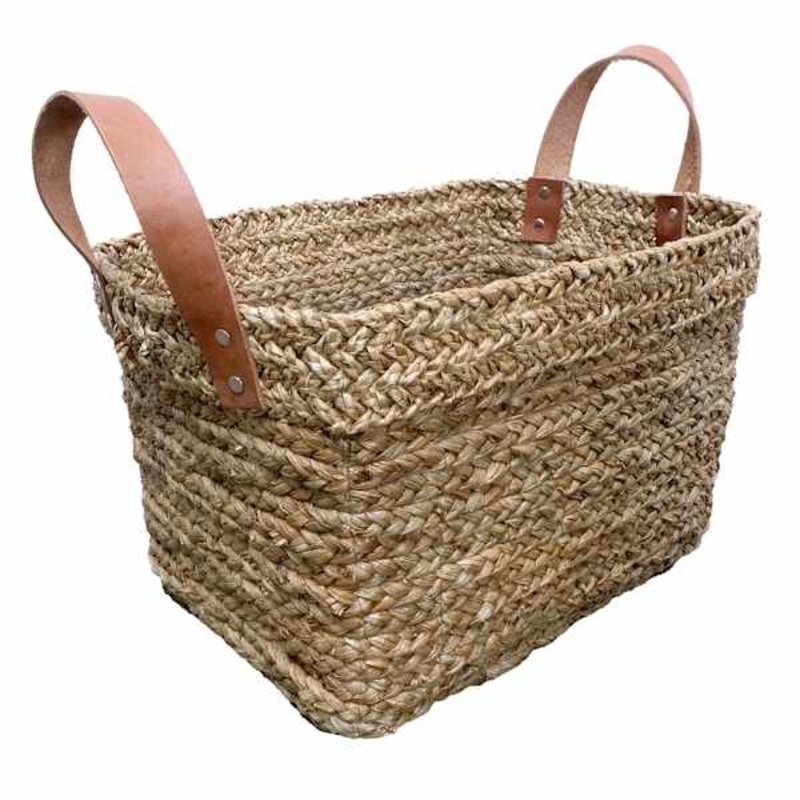 Honeybloom Austin Seagrass Storage Basket with Leather Handles, Small