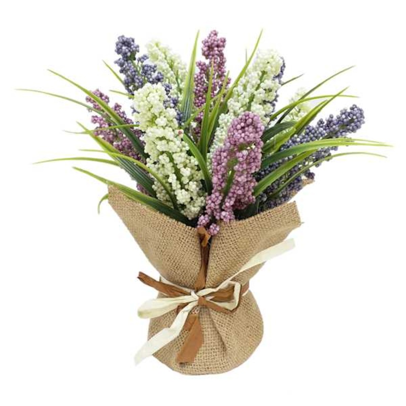 Purple Heather Flowers with Burlap, 11″