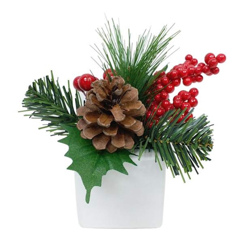 Red Berry and Pinecone Greenery Arrangement with Ceramic Pot 6″ | Festive Holiday Florals | At Home