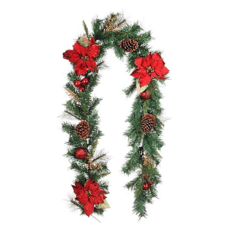 Red Glittered Poinsettia and Ornament Garland 6′ | Holiday Dcor | At Home
