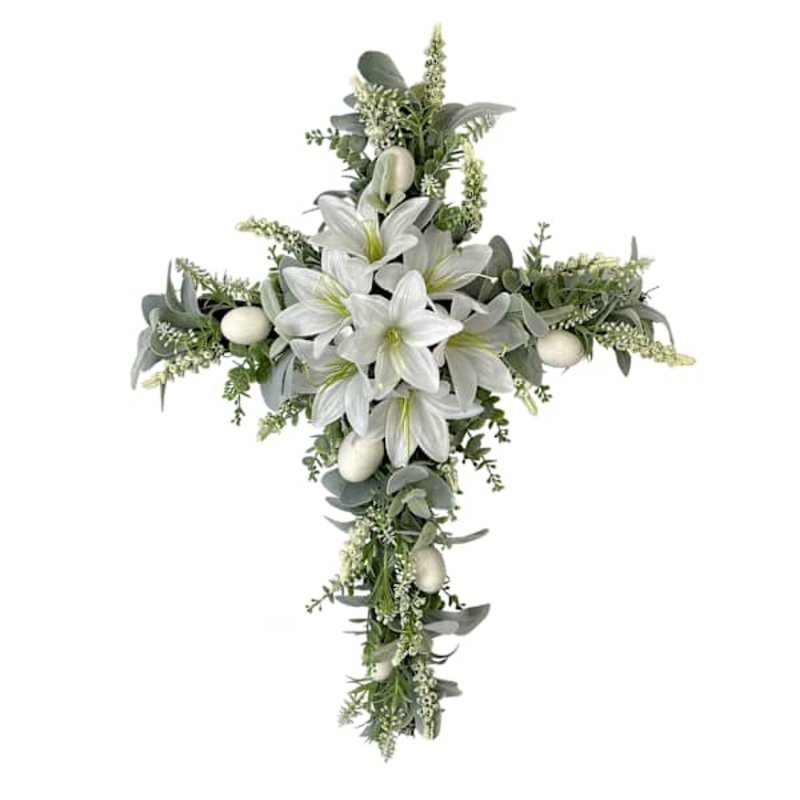 White Lily Floral Cross Decoration, 30″