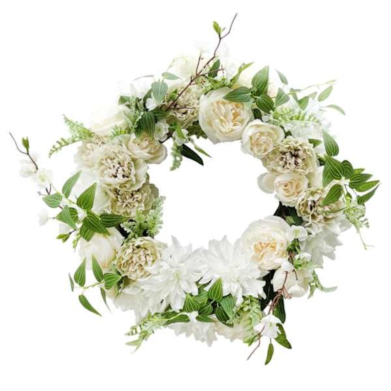 White Mixed Blooms Floral Wreath, 22″